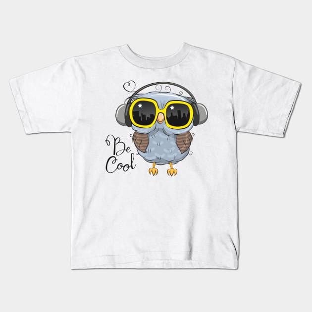 Cute owl with sunglasses and headphones Kids T-Shirt by Reginast777